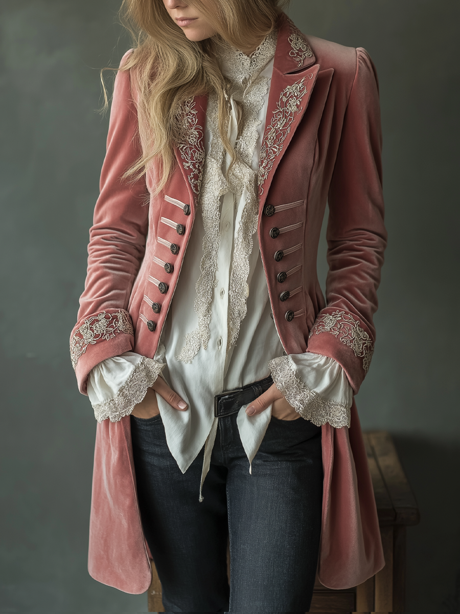 Retro Floral Embroidery Poly Velvet Coat
