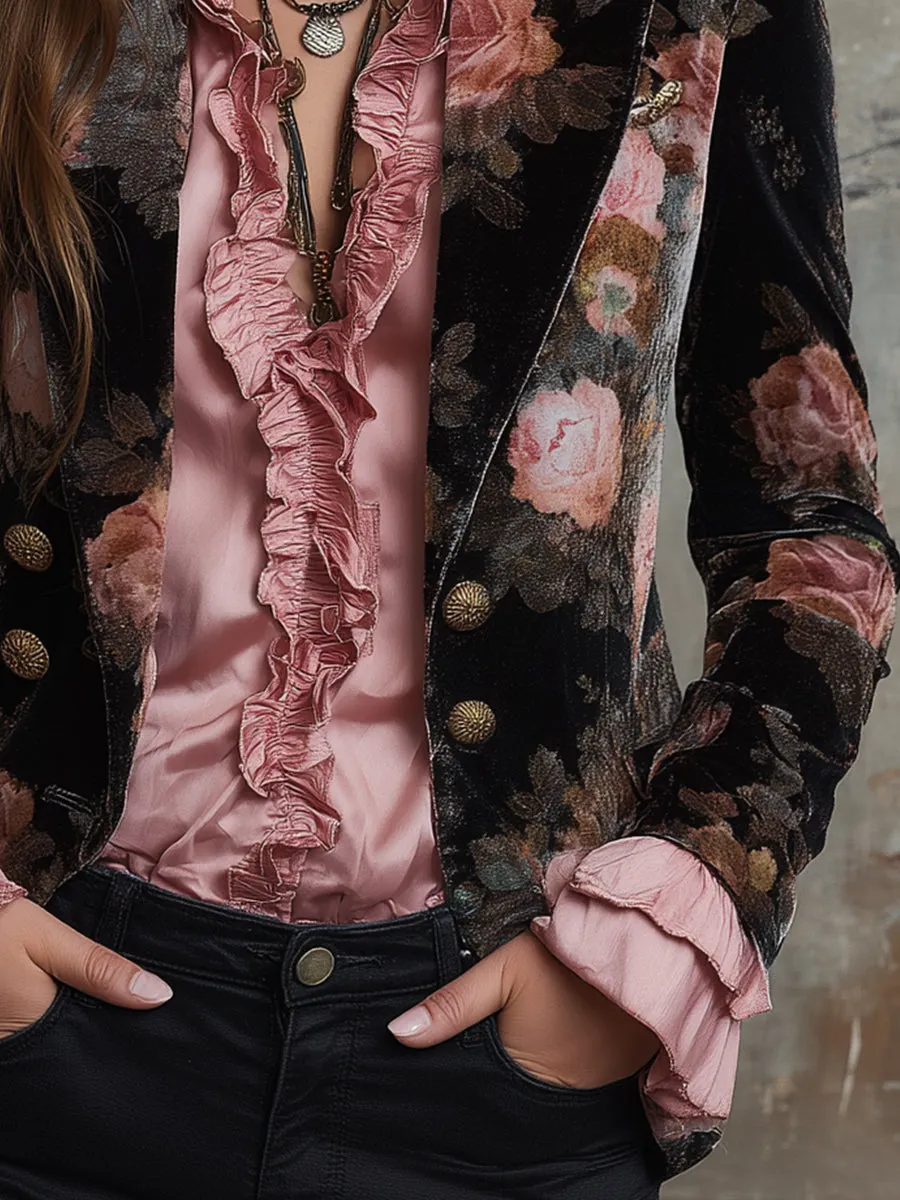 Elegant Rose Velvet Printed Lapel Blazer
