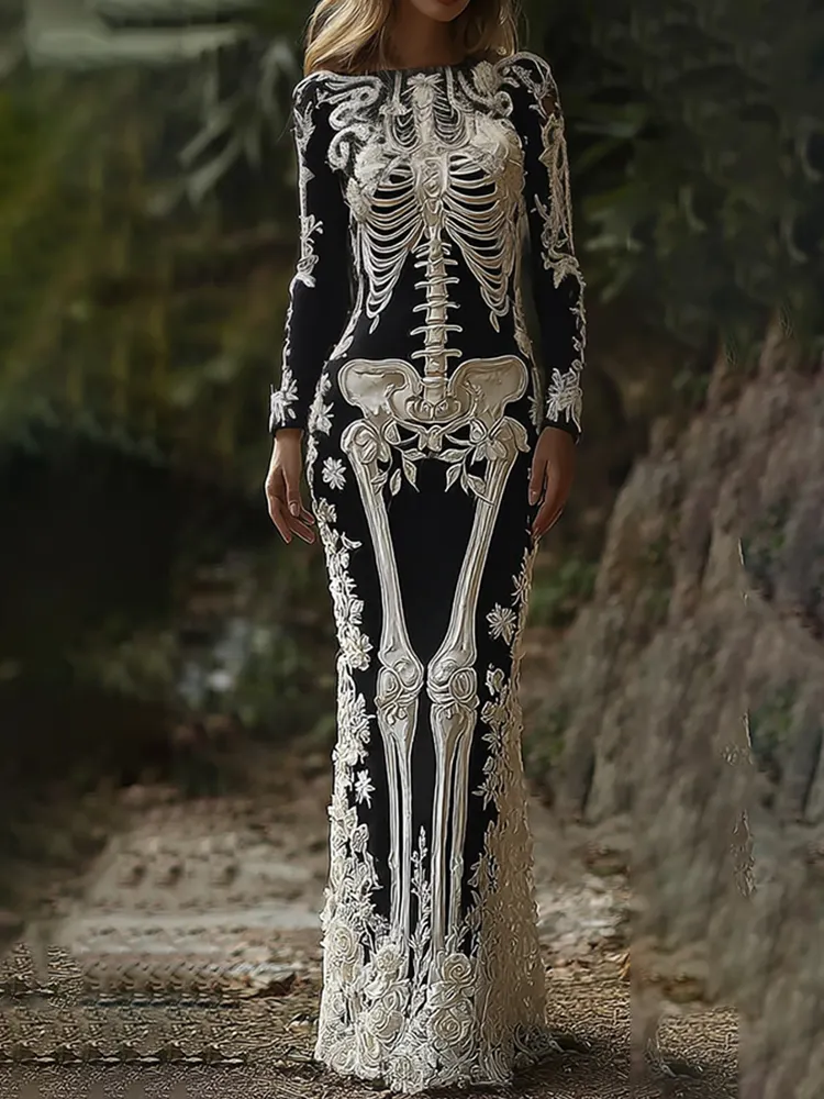 Women's Vintage Halloween Skeleton Bones With Rose Art Cozy Long Sleeve Maxi Dress