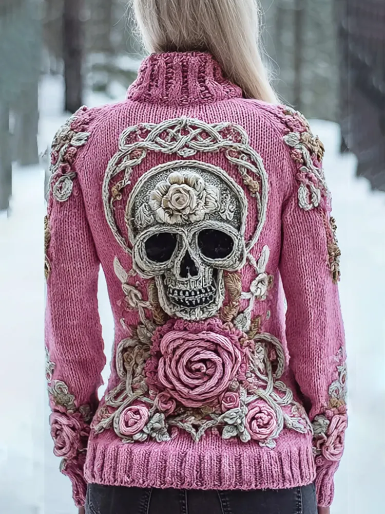 Skull & 3d Floral Knit Art Women's Stand Collar Sweater