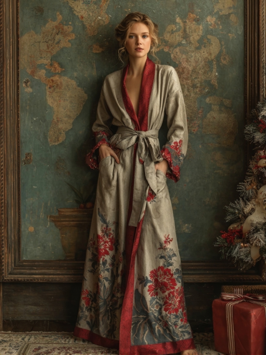 Elegant & comfortable cotton Christmas-themed robe (with belt)