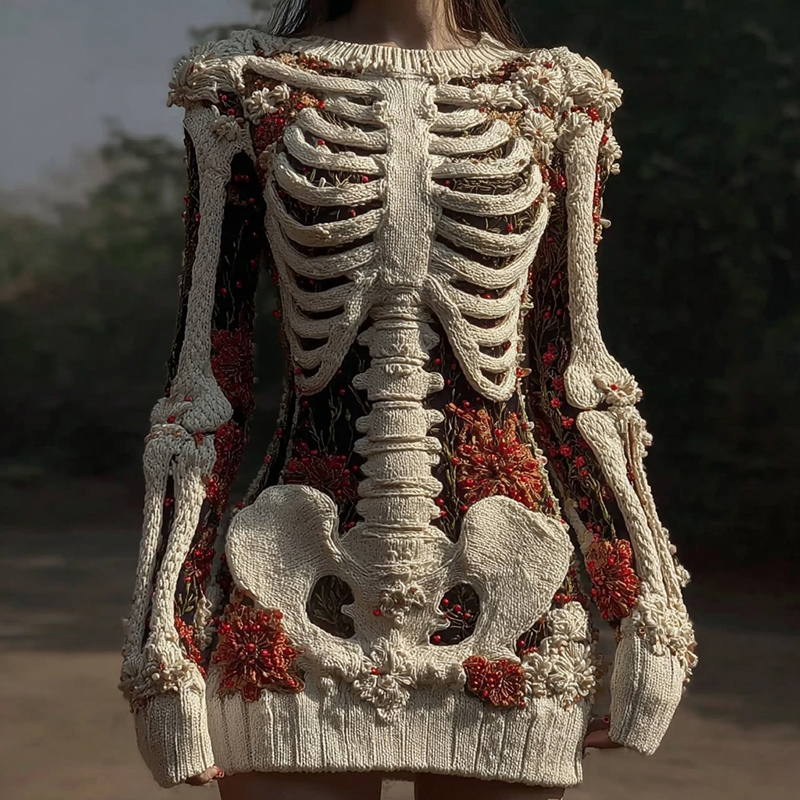 Women's Vintage Skull Floral Art Cozy Sweater Dress
