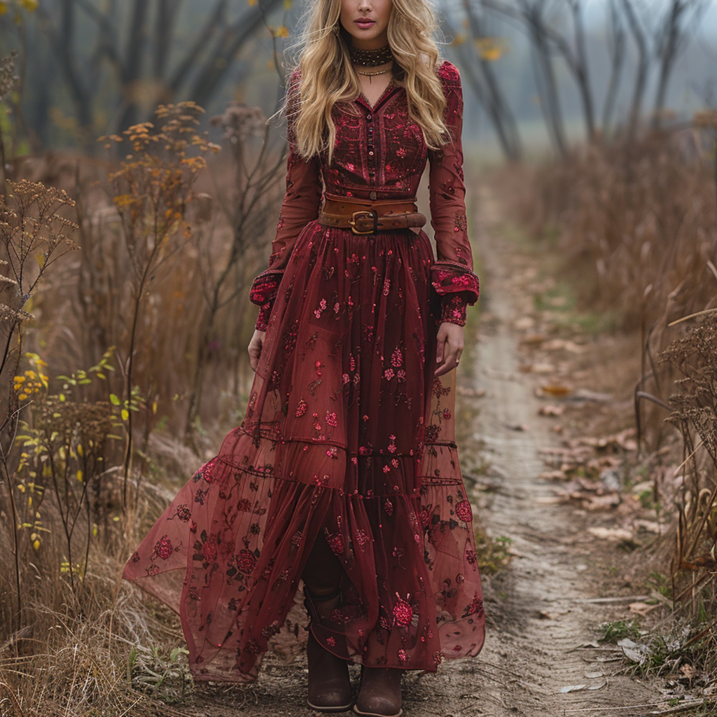 Vintage V-neck Floral Bohemian Pastoral Style Long-Sleeve Maxi Dress