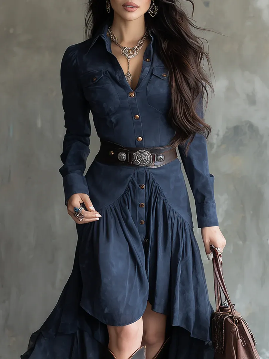 Retro Blue Lapel Button Pocket Irregular Flowy Midi Dress