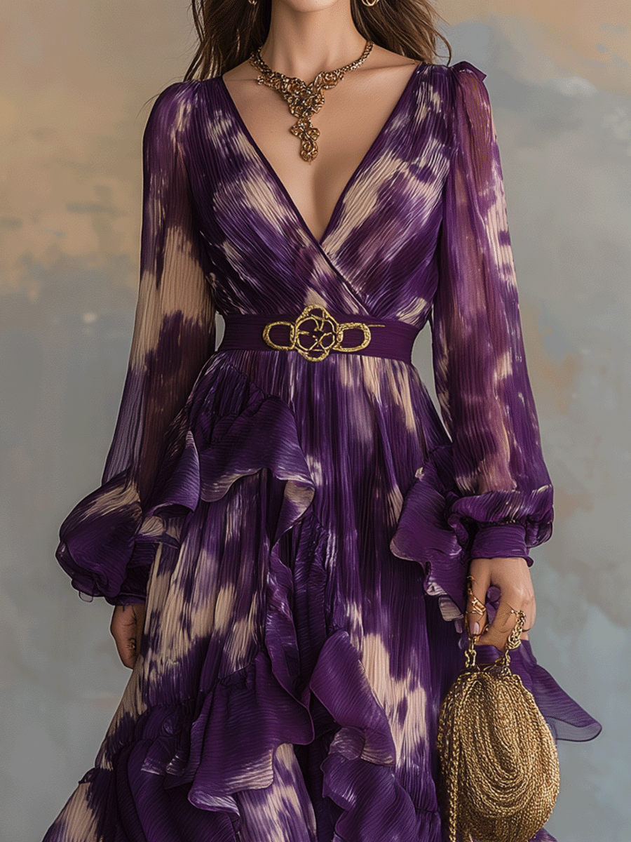 Bohemian Purple Ruffle Chiffon Maxi Dress