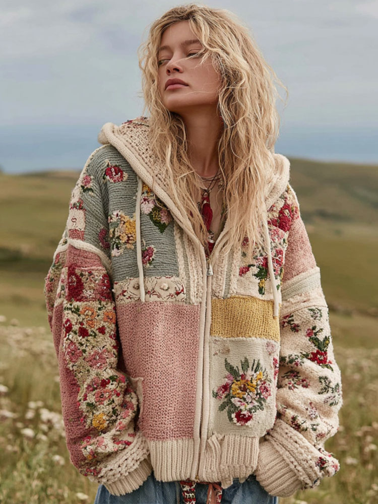 Women's Vintage Floral Patchwork Cozy Zipper Knit Sweater Hooded