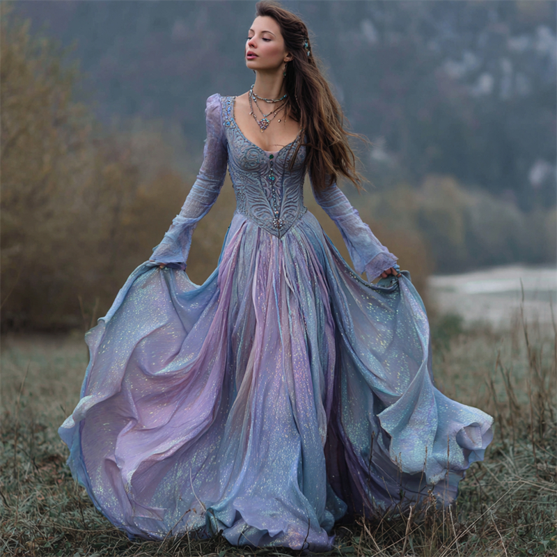 Vintage Opal Glitter Gradient Celtic Flowy Maxi Dress
