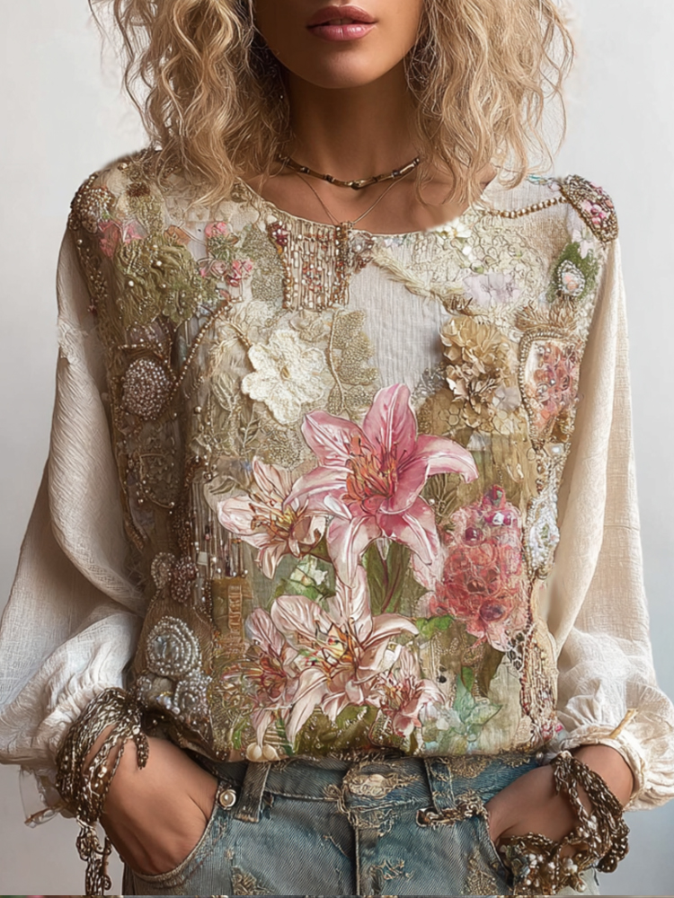 Bohème Lily Plant Printed Cotton Linen Round Neck Long Sleeve Top