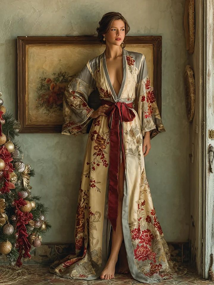 Elegant & comfortable cotton Christmas-themed robe (with belt)