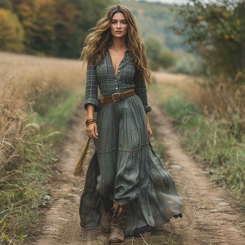 Vintage V-neck Bohemian Pastoral Style Long-sleeve Maxi Dress