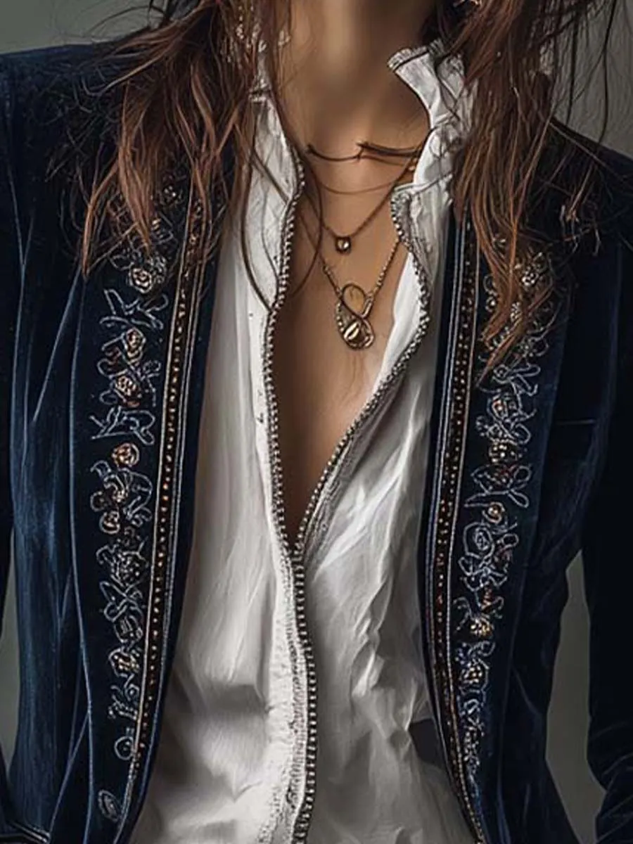 Vintage Navy Polyester Velvet Embroidered Long Jacket