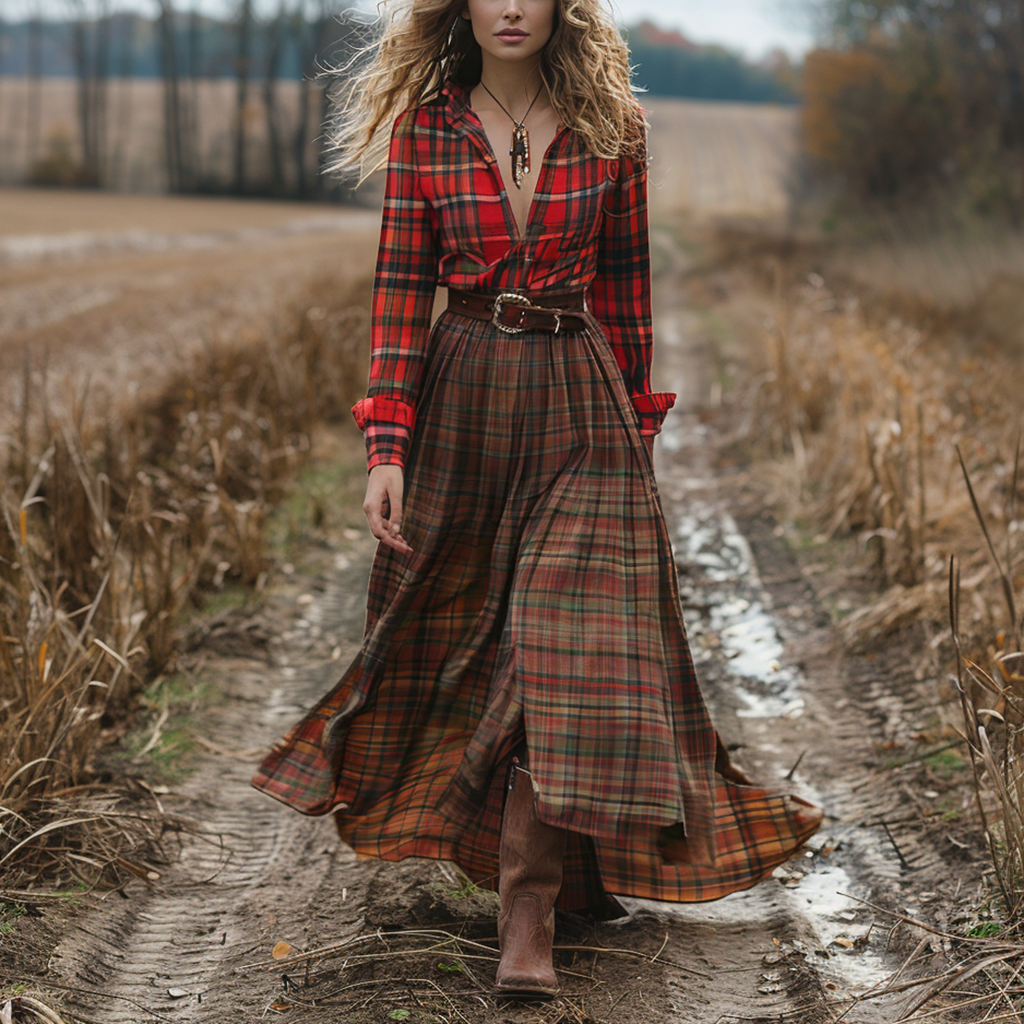Retro V-neck Plaid Long-sleeve Bohemian Pastoral Style Maxi Dress