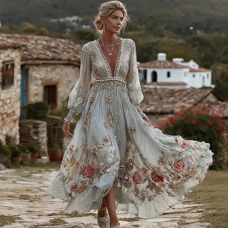 Women's Vintage Bohemian Floral Embroidered Casual Long Sleeve Dress