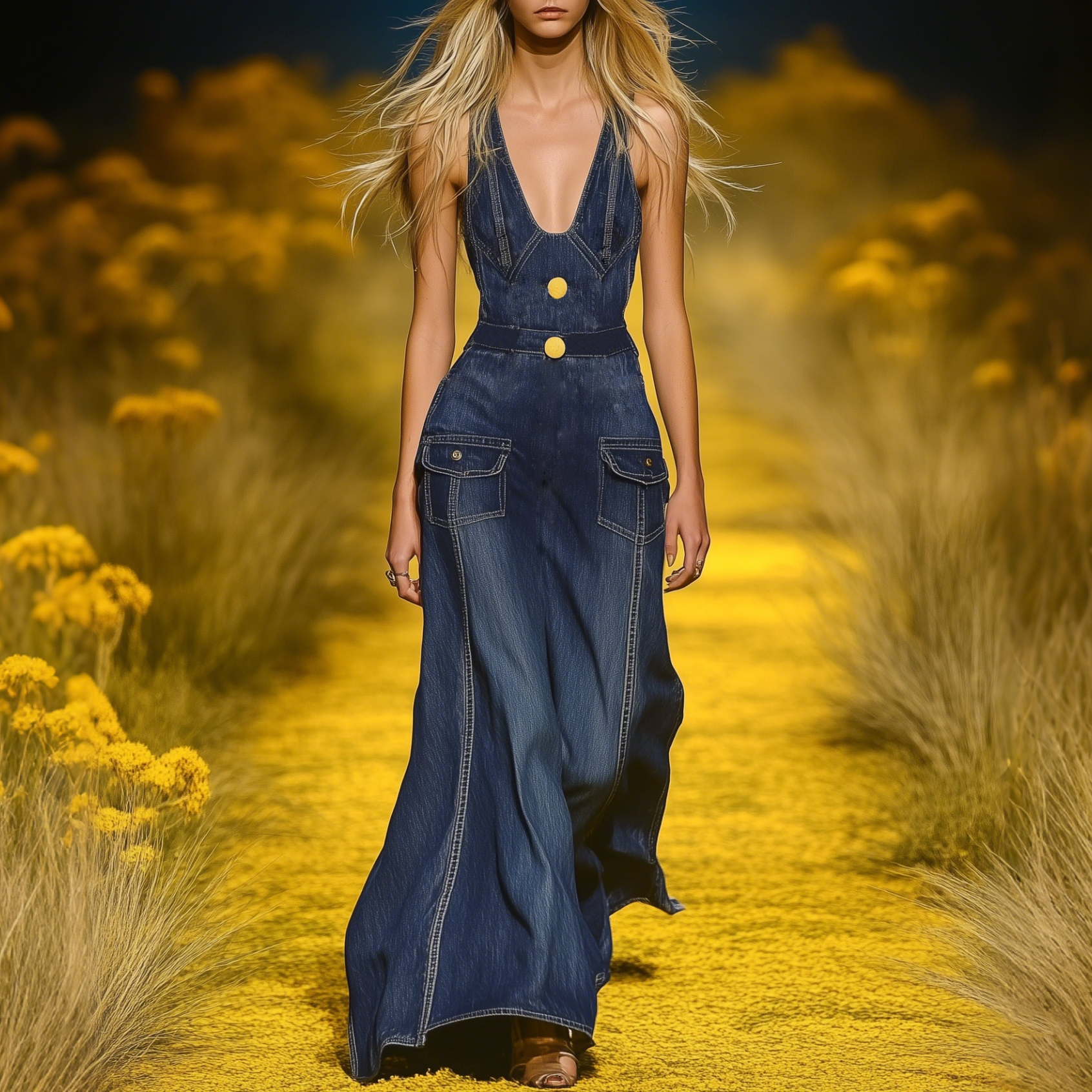 Elegant Suspender Pocket Denim Maxi Dress