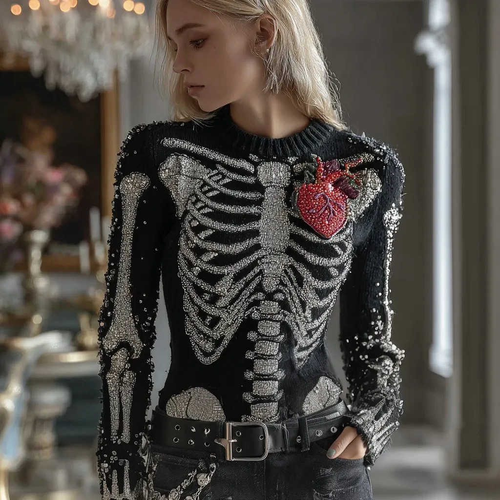 Women's Halloween Human Anatomy Gemstones Pattern Round Neck Sweater