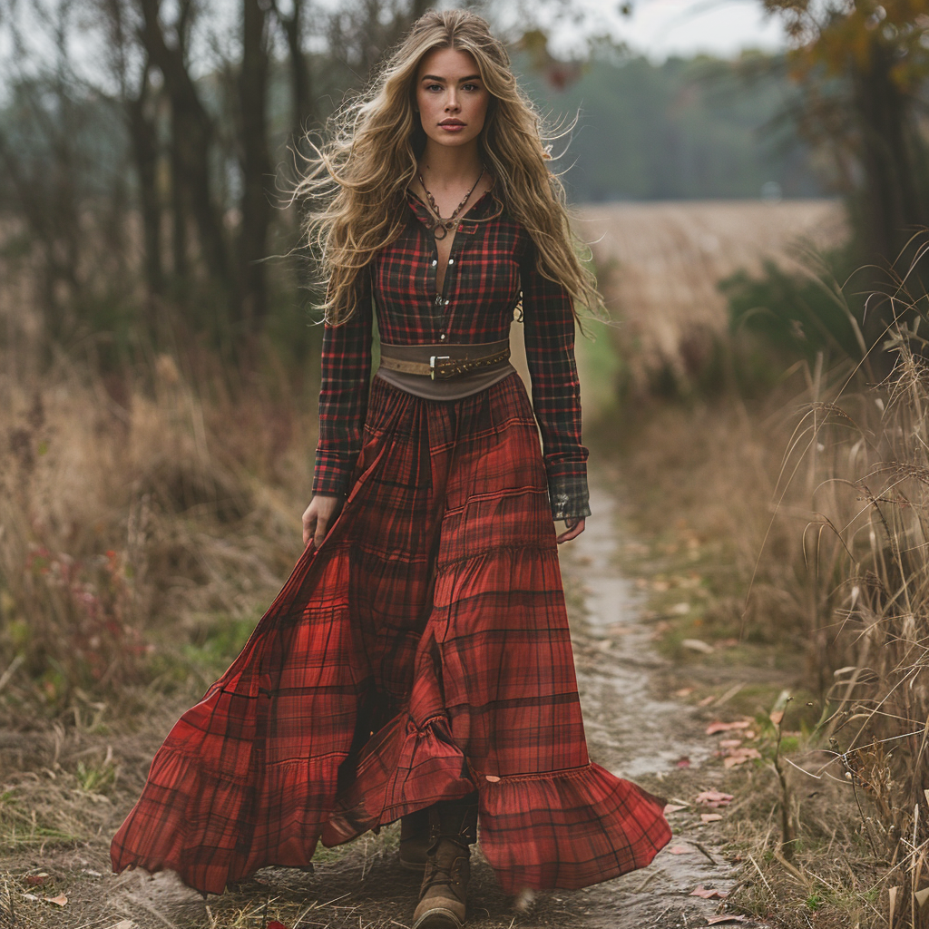 Vintage V-neck Bohemian Pastoral Plaid Style Long-sleeve Maxi Dress
