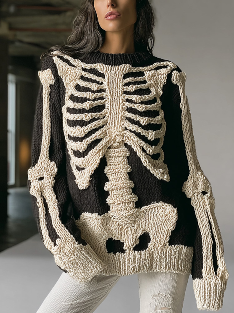 Women's Vintage Halloween Skull Embroidered Sweater