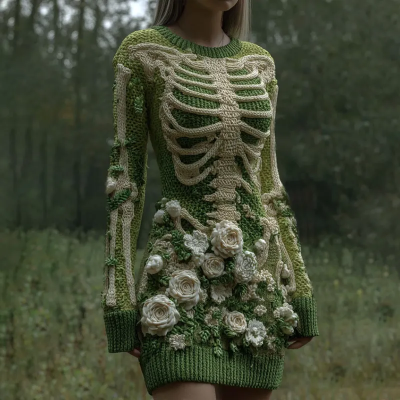 Women's Vintage Skeleton With White Rose Gradient Art Cozy Sweater Dress