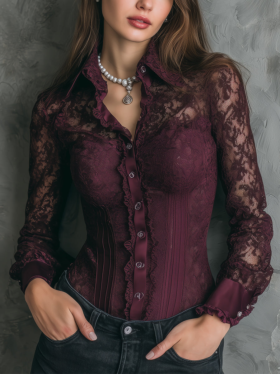 Retro Elegant Lace Satin Stitching Blouse