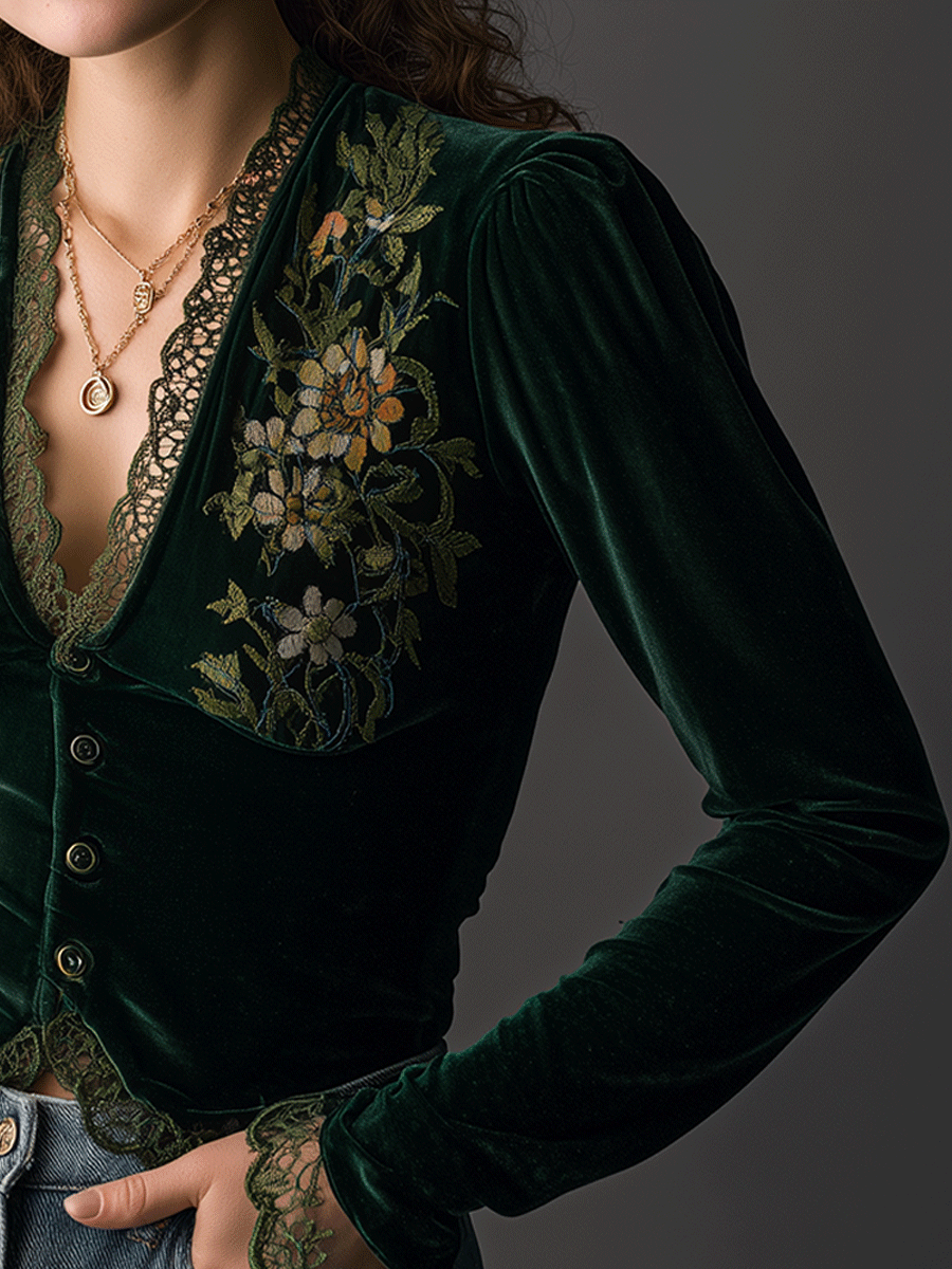 Floral Embroidered Velvet Shirt
