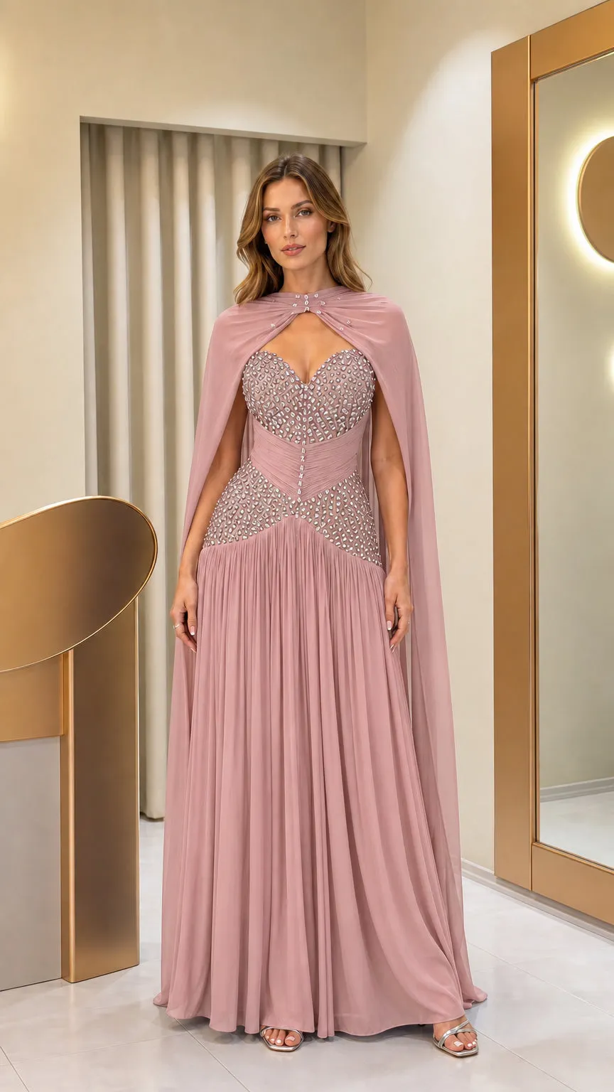 Elegant Embellished Cape Evening Gown with Skirt