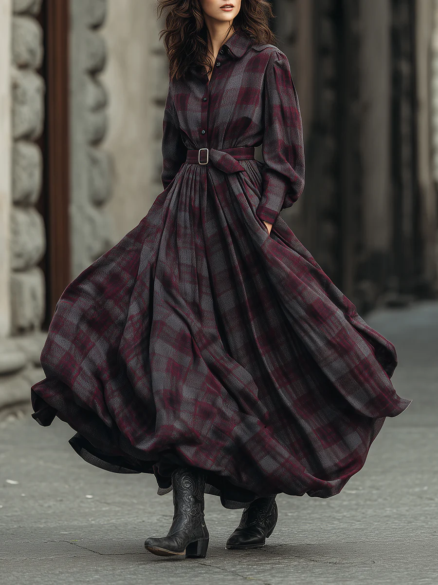 Elegant Purple Plaid Print Lantern Sleeve Shirt Maxi Dress (With Belt)