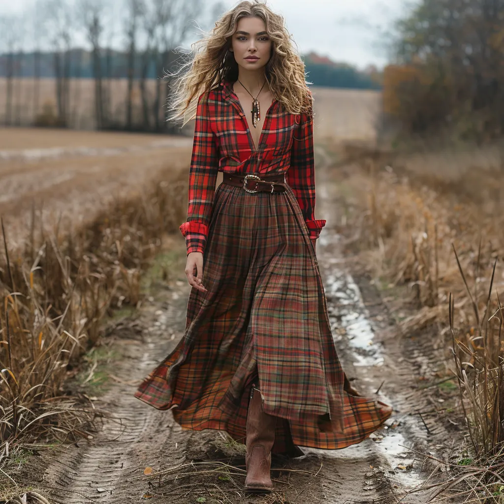 Retro V-neck Plaid Long-sleeve Bohemian Pastoral Style Maxi Dress