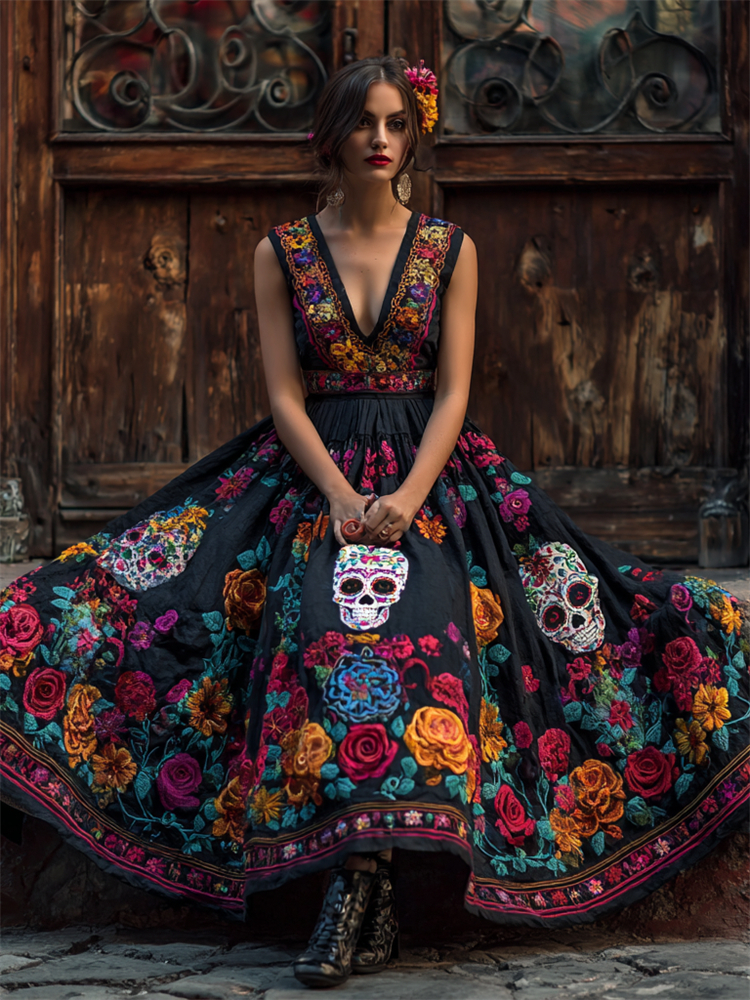 Day Of The Dead Sugar Skulls Mexican Floral Linen Maxi Dress