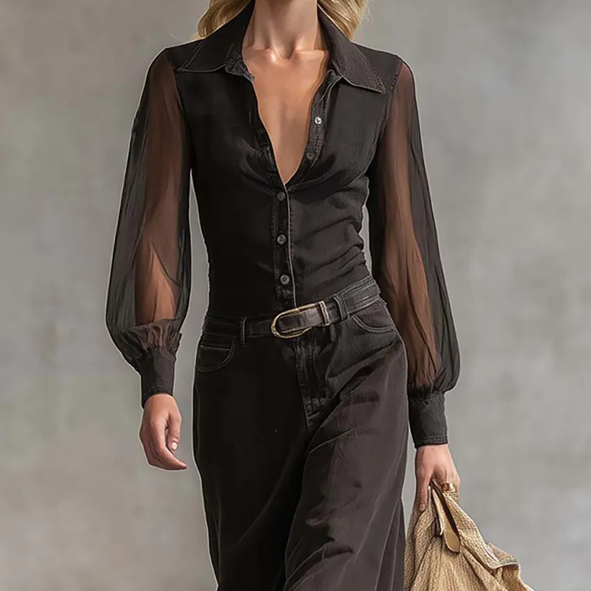 Vintage Western Front Button V-Neck Transparent Long Sleeve Black Denim Maxi Dress