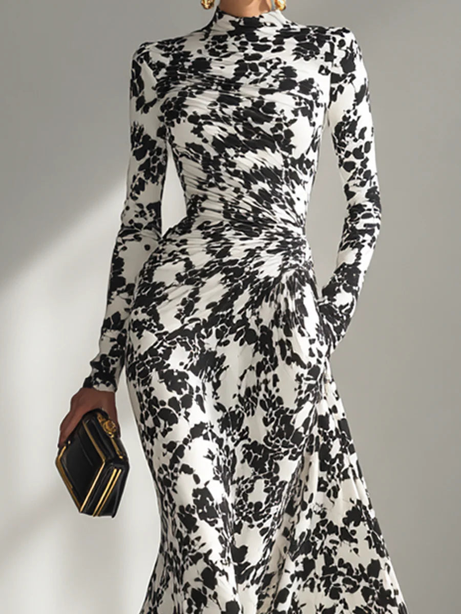 Black And White Patterned Stretch Blend Wrap Dress
