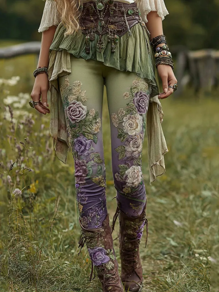Vintage Purple Lavender And Floral Embroidered Casual Leggings
