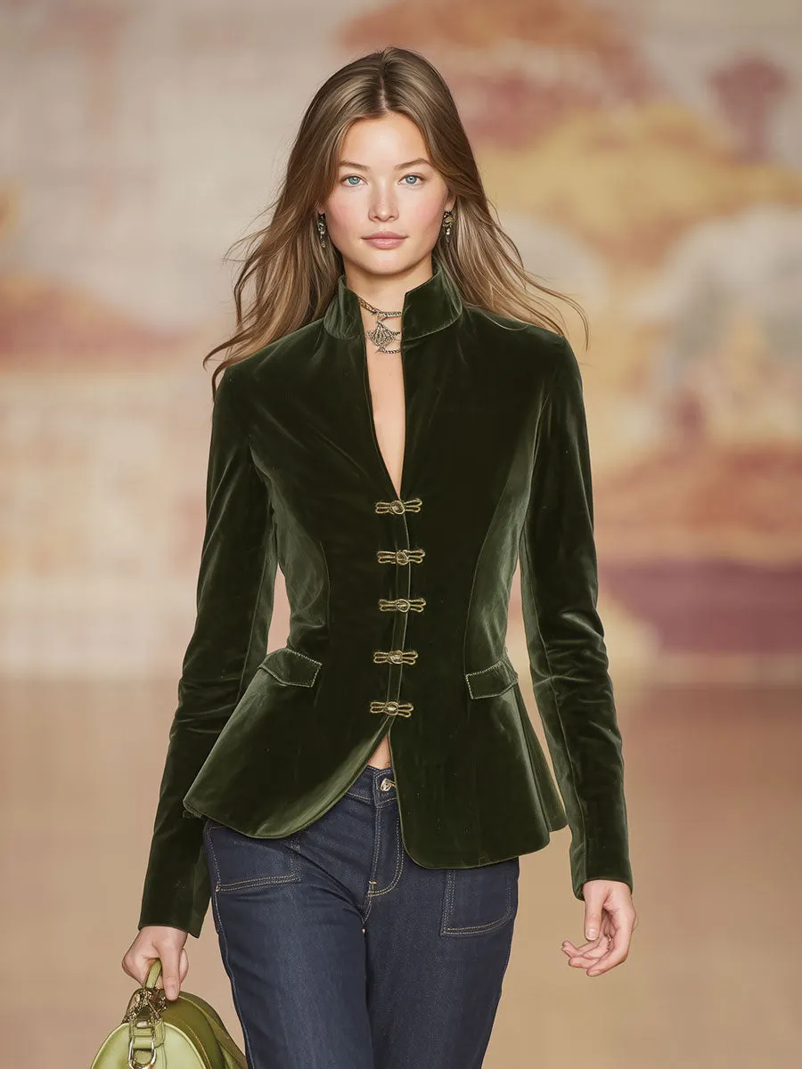 Elegant Retro Gold-buttoned Dark Green Velvet Blazer