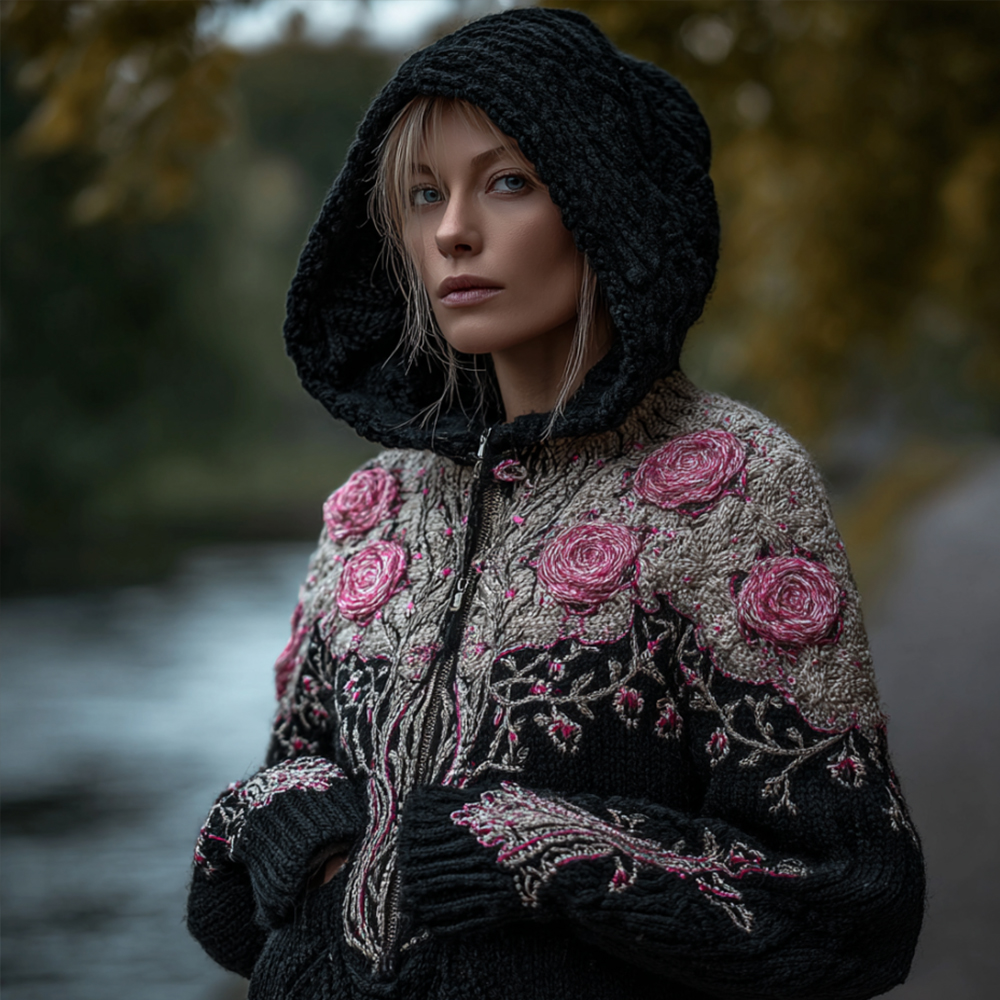 Women's Viking Style Tree Of Life And Flower Hooded Cardigan Sweater