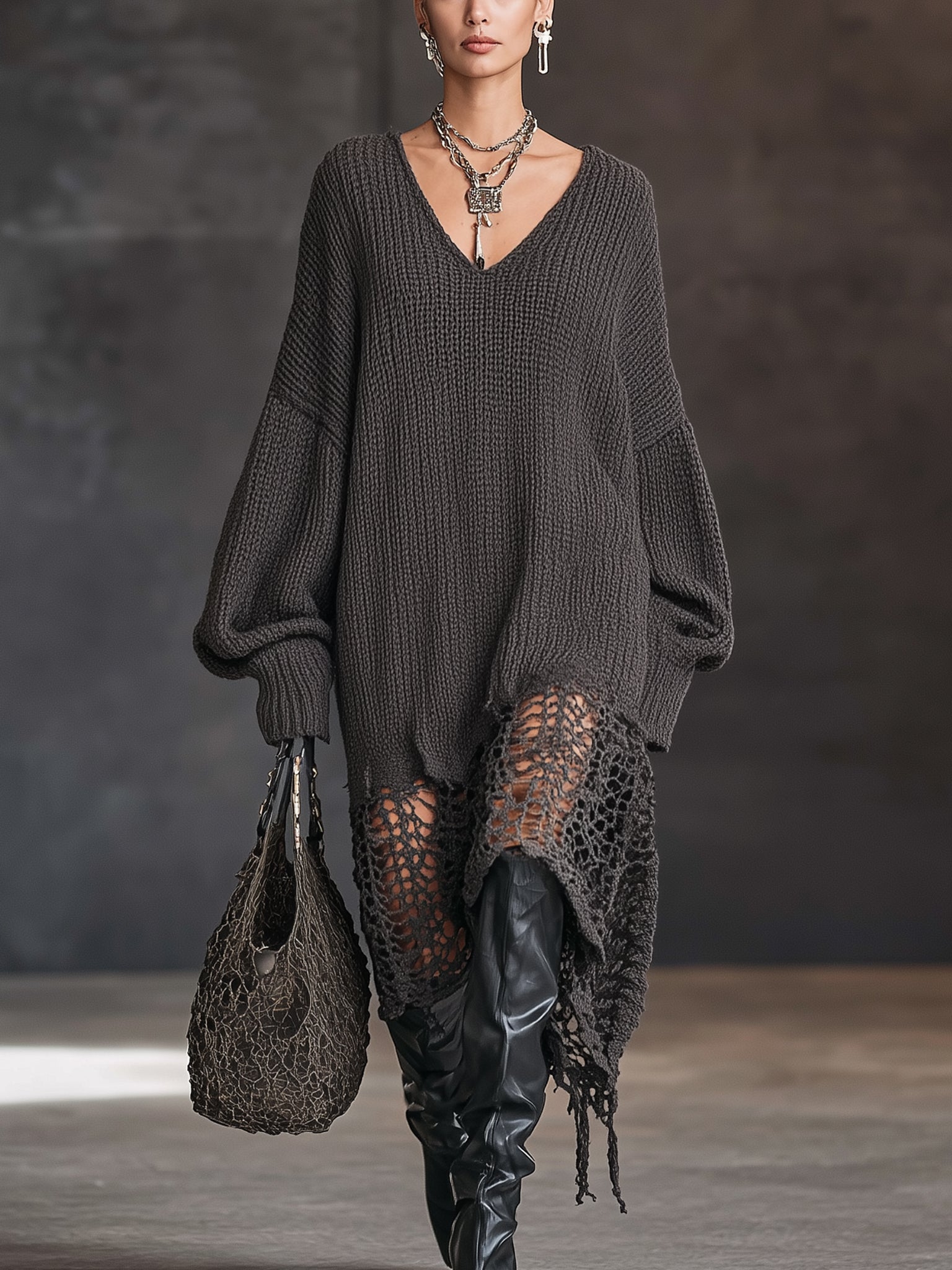 Charcoal Gray V-Neck Knit Mesh Long Sleeve Midi Dress