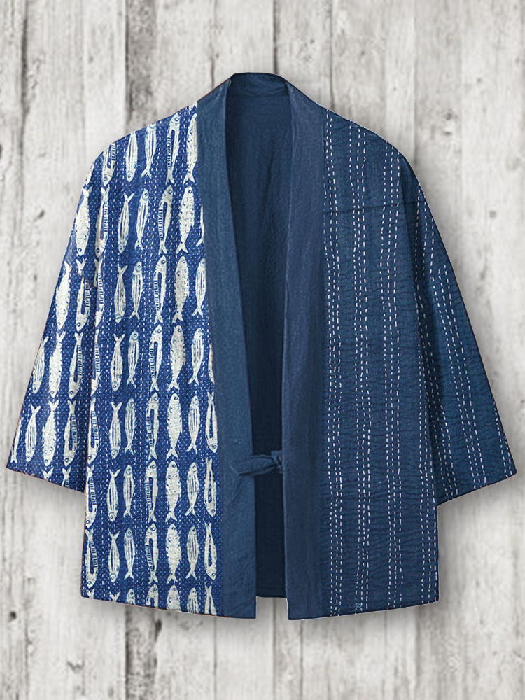 Japanese Art Fish Pattern Linen Blend Kimono Cardigan
