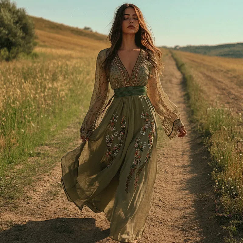 Elegant Bohemian Pastoral Style Maxi Dress