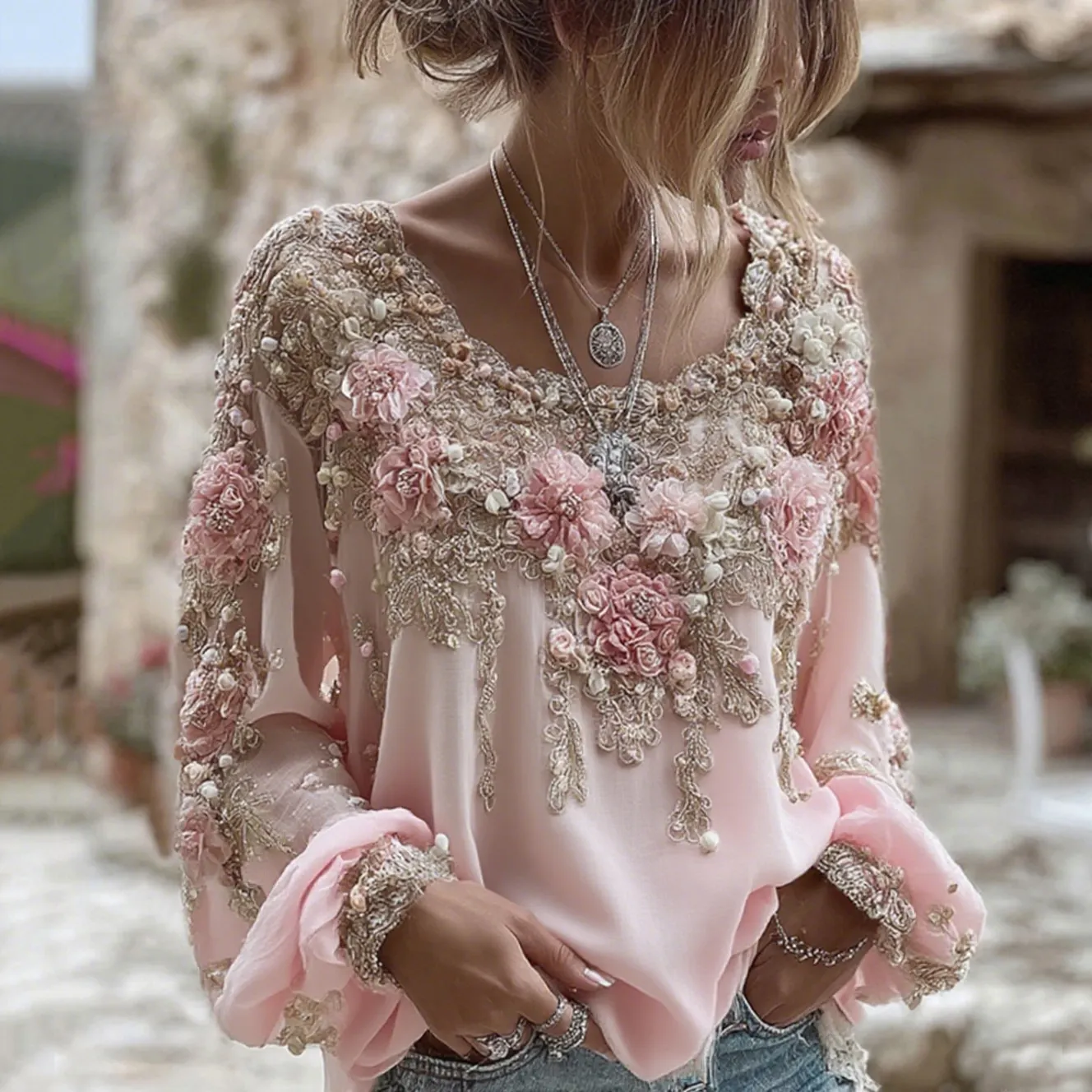 Women's Pink Rose Embroidery Art Round Neck Long Sleeve Linen Blend T-shirt