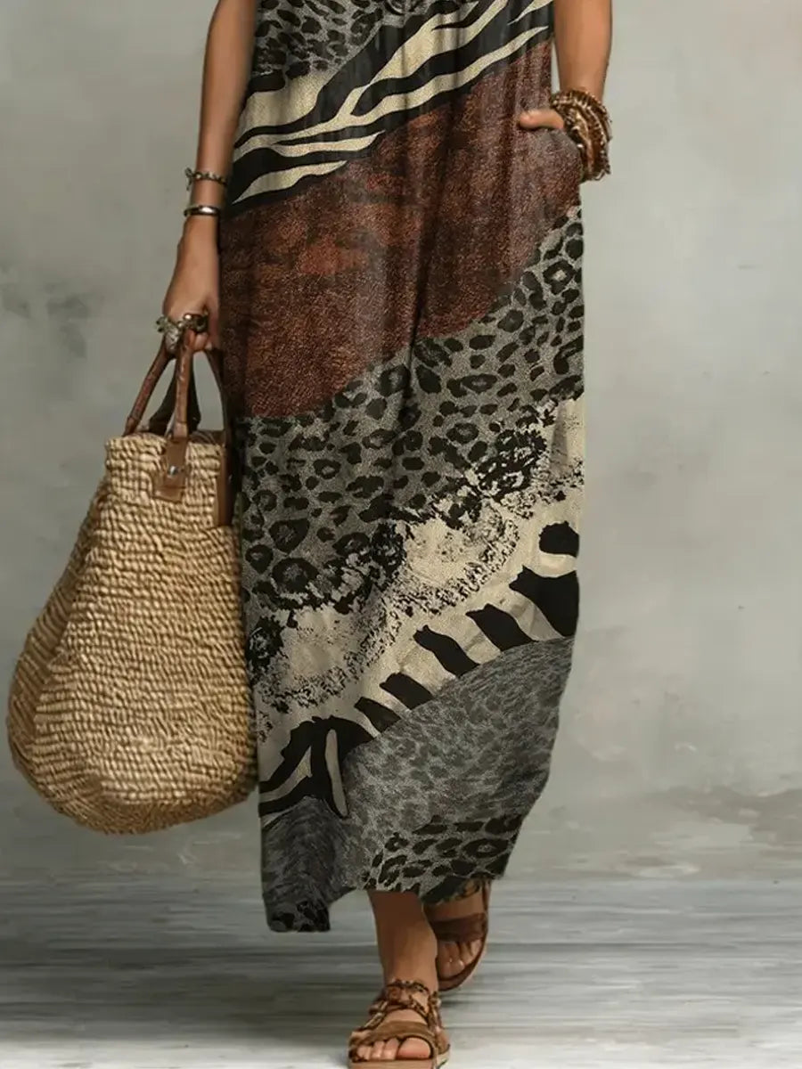 Printed V-Neck Ruffle-Trim Maxi Dress