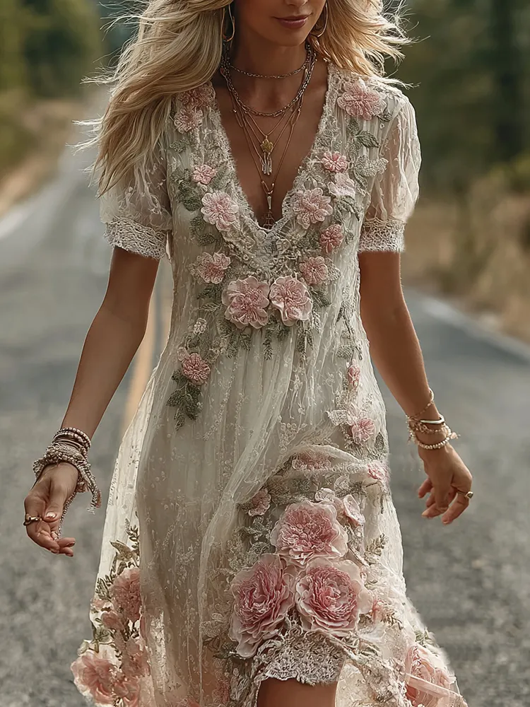 Women's Vintage Floral Embroidery V Neck Casual Midi Dress