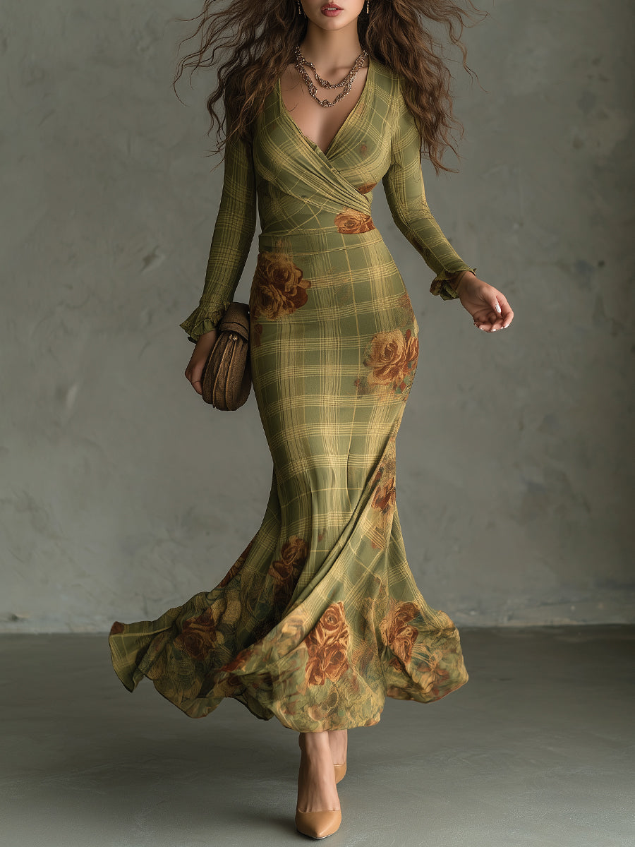Retro Plaid Rose Print Slim Fit Fishtail Cotton Blend Maxi Dress