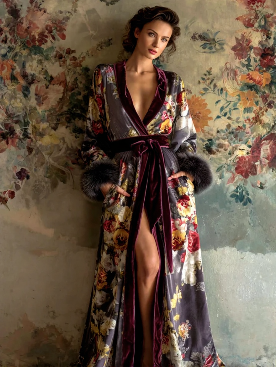 Artistic floral print kimono robe, autumn/winter long robe with sash.
