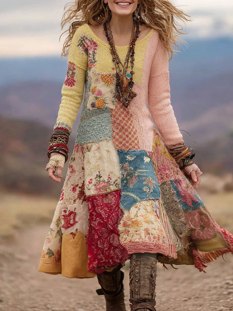 Women's Bohemian Floral Knitted Crew Neck Dress