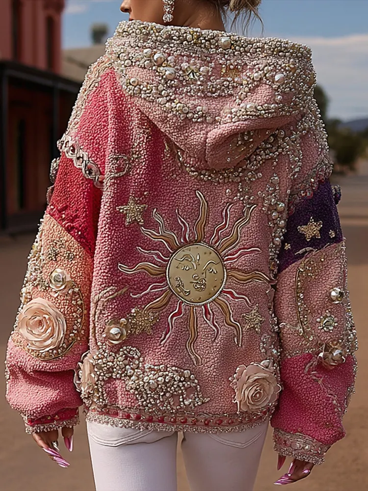 Star Moon Pearl Embroidered Hoodie