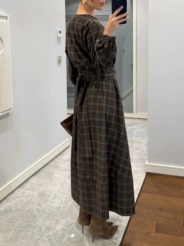Plaid Patterned Belted Midi Dress