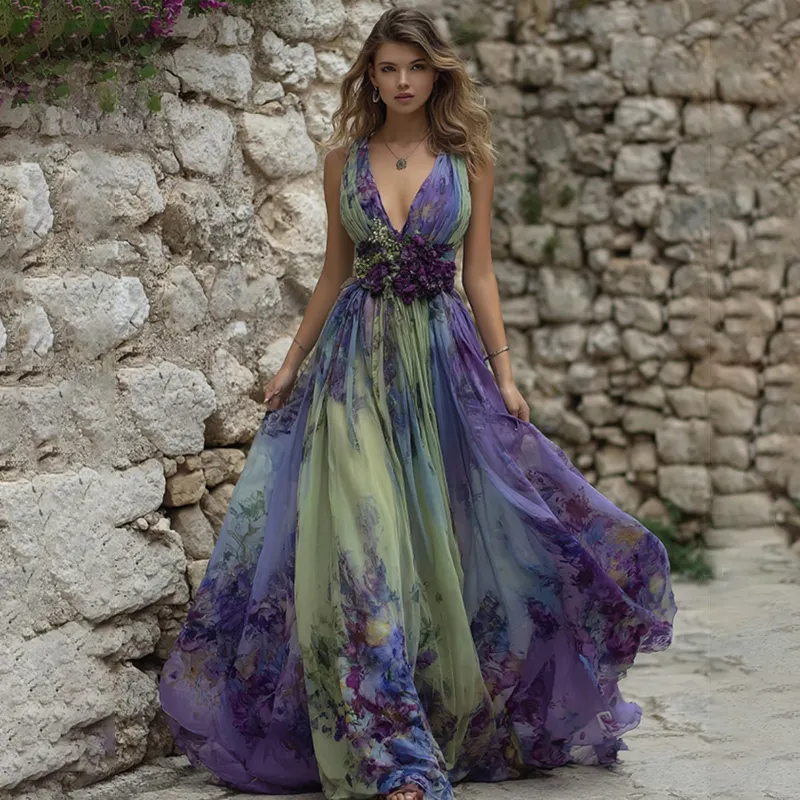 Vintage Gradient Purple Floral Embroidered Sleeveless Maxi Dress