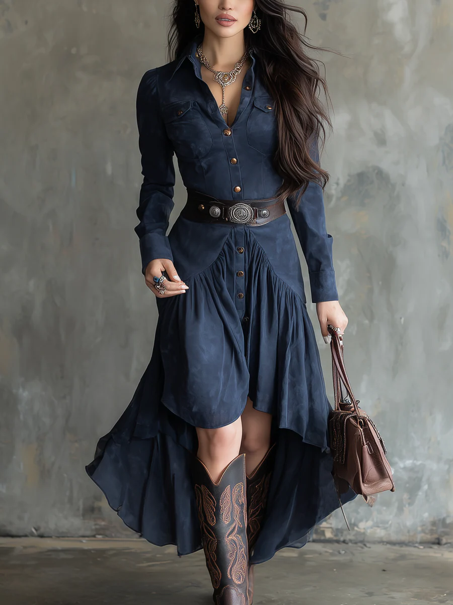 Retro Blue Lapel Button Pocket Irregular Flowy Midi Dress