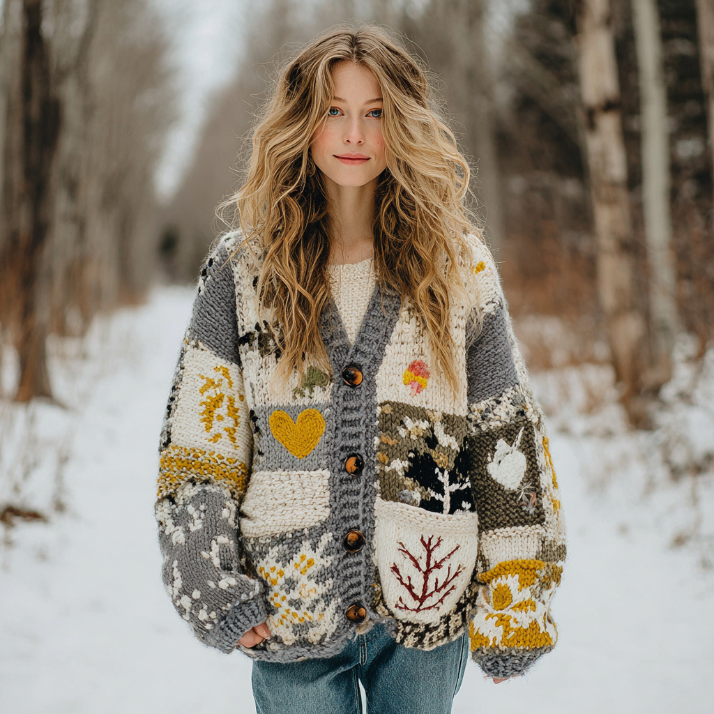 Women's Flower Tree Heart Patchwork Button-detailed Warm Cardigan Sweater