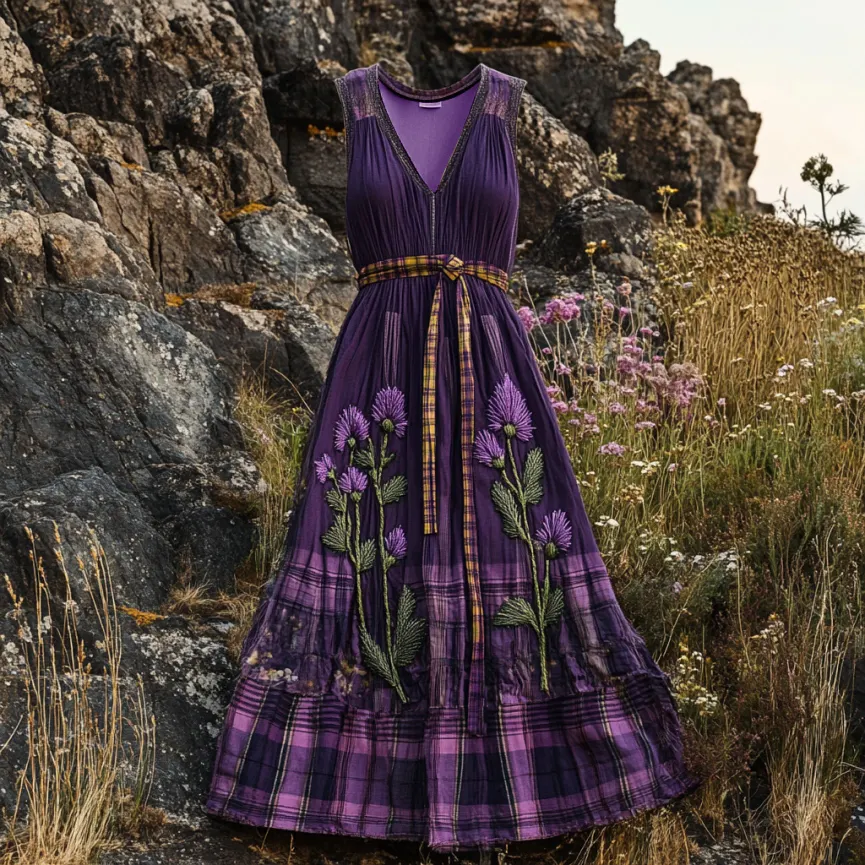 Vintage Scottish Tartan Thistle Embroidery V-neck Sleeveless Midi Dress