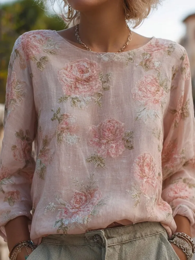Elegant Boho Roses Pattern Round Neck Cozy Linen Tunic