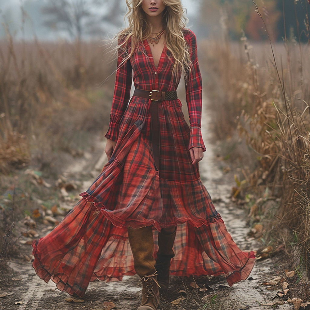 Vintage V-neck Bohemian Pastoral Style Long-sleeve Maxi Dress